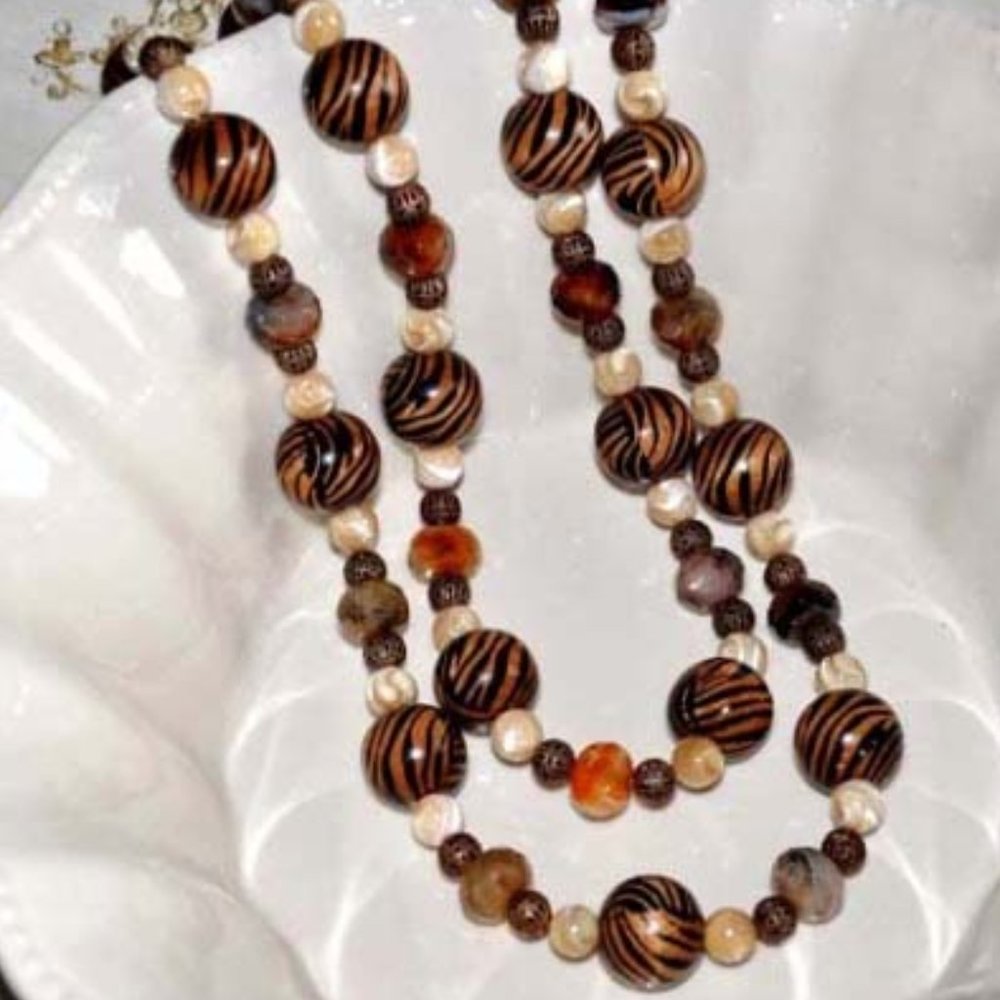 Tiger Bead Necklace Wood Beads Double Strand Extra Long Necklace Boho Jewelry